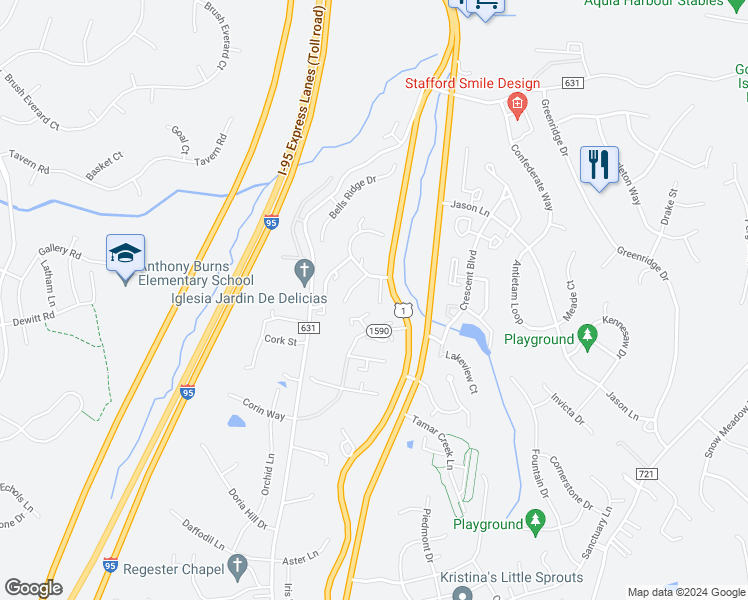 map of restaurants, bars, coffee shops, grocery stores, and more near 208 Rolling Hill Court in Stafford