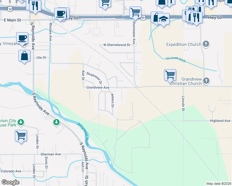 map of restaurants, bars, coffee shops, grocery stores, and more near 308 Antero Drive in Cañon City