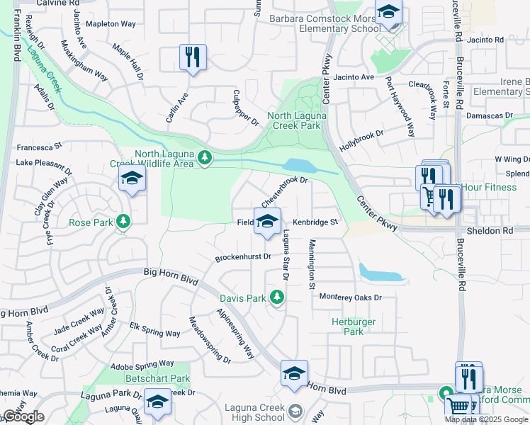 map of restaurants, bars, coffee shops, grocery stores, and more near 6390 Chesterbrook Drive in Elk Grove