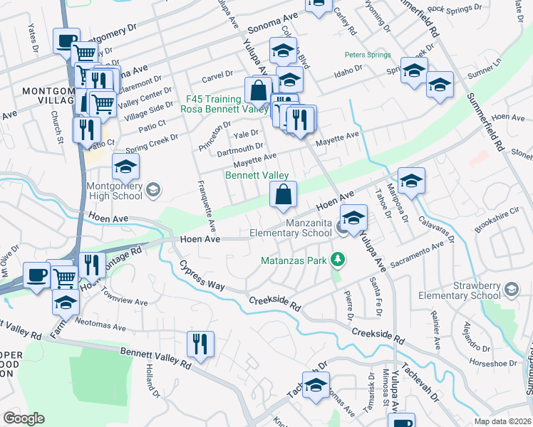 map of restaurants, bars, coffee shops, grocery stores, and more near 1515 Camden Court in Santa Rosa