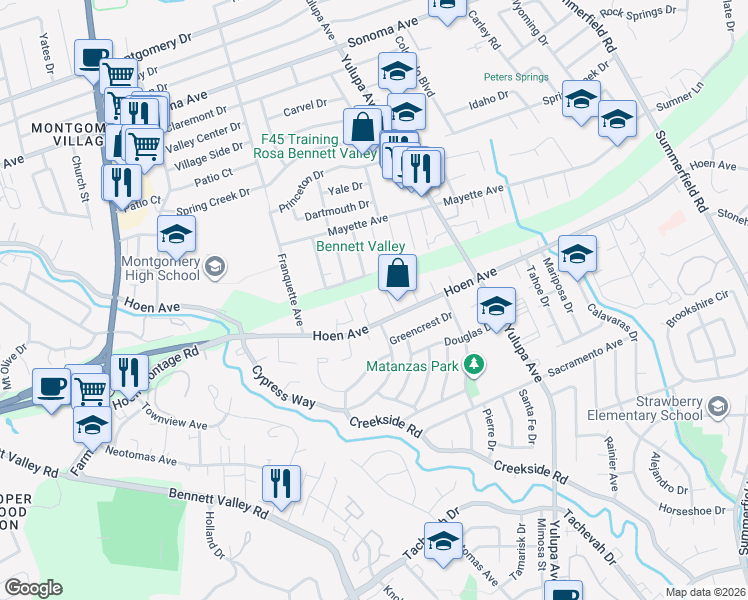map of restaurants, bars, coffee shops, grocery stores, and more near 1530 Atlanta Court in Santa Rosa