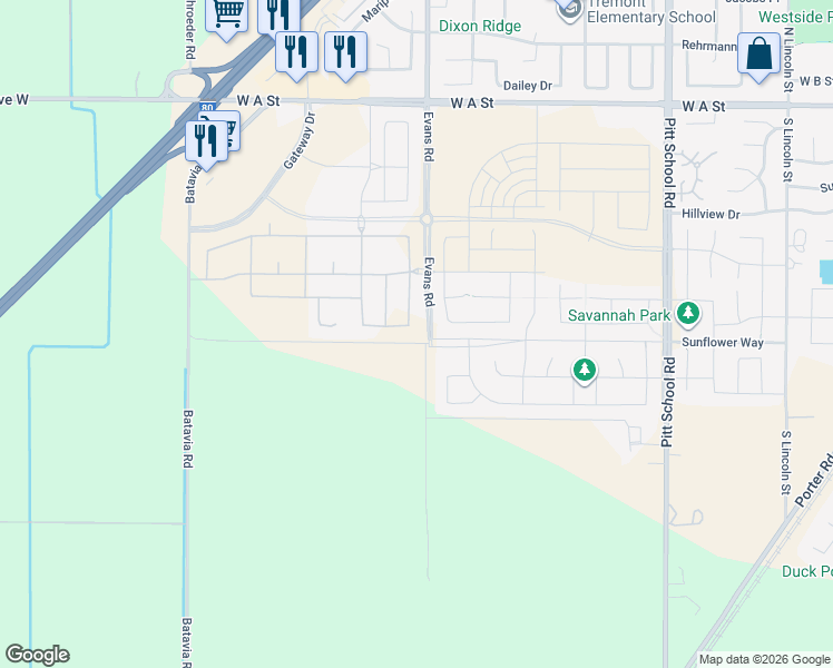 map of restaurants, bars, coffee shops, grocery stores, and more near 7711 George Lane in Dixon