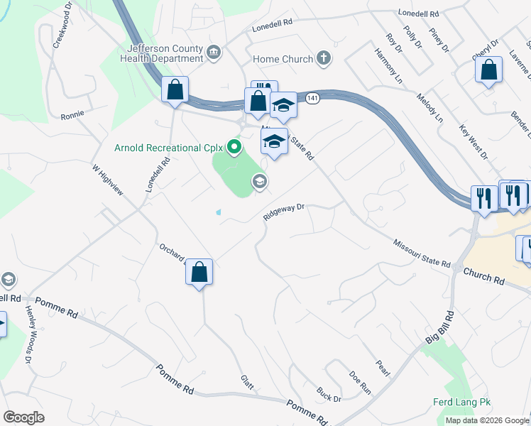 map of restaurants, bars, coffee shops, grocery stores, and more near 1917 Ridgeway Drive in Arnold