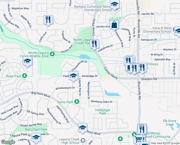 map of restaurants, bars, coffee shops, grocery stores, and more near 6600 Sunset Bluffs Street in Elk Grove