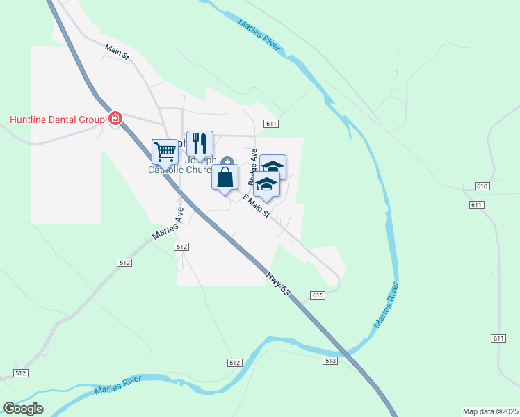 map of restaurants, bars, coffee shops, grocery stores, and more near 143 East Main Street in Westphalia