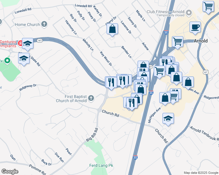 map of restaurants, bars, coffee shops, grocery stores, and more near 921 Arnold Commons Drive in Arnold
