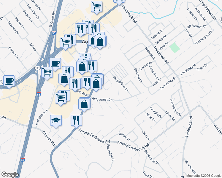 map of restaurants, bars, coffee shops, grocery stores, and more near 1250 Windcrest Circle in Arnold