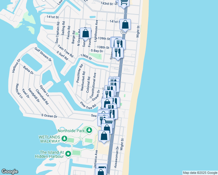 map of restaurants, bars, coffee shops, grocery stores, and more near 13304 Atlantic Boulevard in Ocean City
