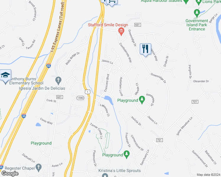map of restaurants, bars, coffee shops, grocery stores, and more near 201 Gettysburg Court in Stafford