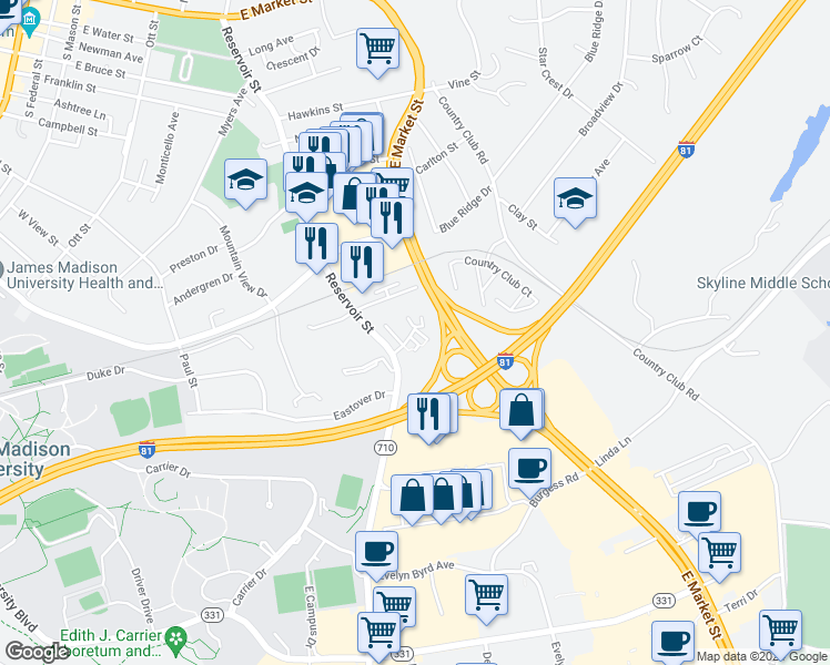 map of restaurants, bars, coffee shops, grocery stores, and more near 10c Holly Court in Harrisonburg