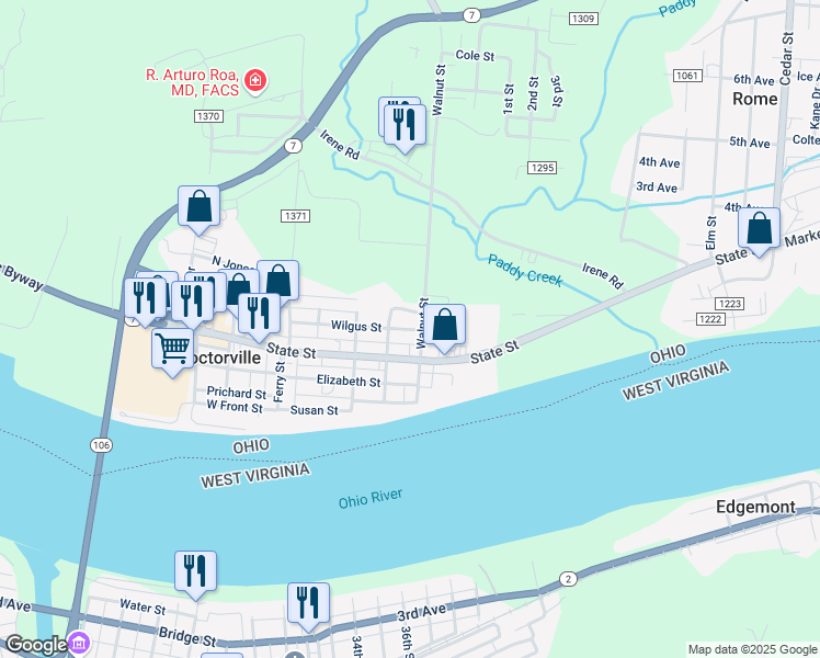 map of restaurants, bars, coffee shops, grocery stores, and more near 411 Wilgus Street in Proctorville