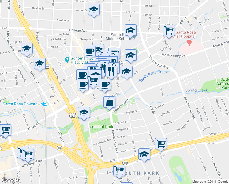 map of restaurants, bars, coffee shops, grocery stores, and more near 637 1st Street in Santa Rosa