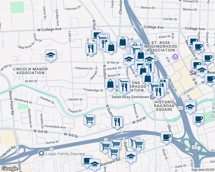 map of restaurants, bars, coffee shops, grocery stores, and more near 340 West 8th Street in Santa Rosa