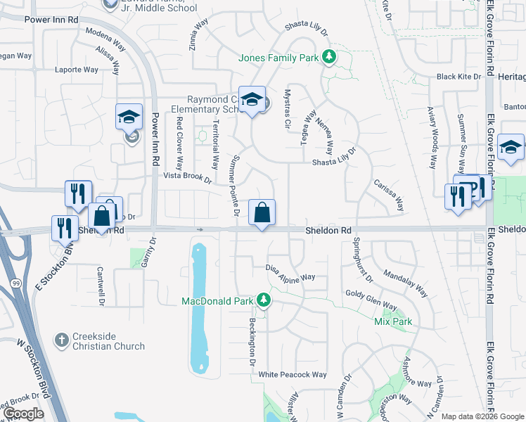 map of restaurants, bars, coffee shops, grocery stores, and more near 8845 Mesa Brook Way in Elk Grove