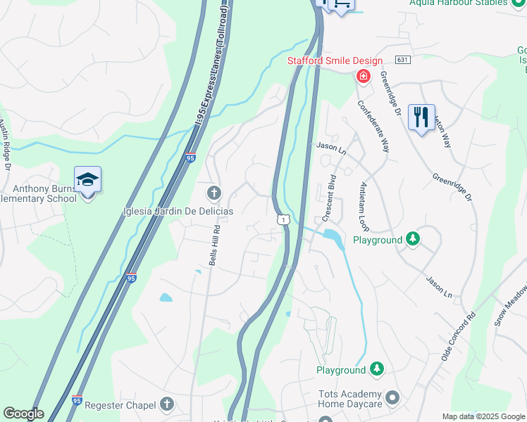 map of restaurants, bars, coffee shops, grocery stores, and more near 206 Rolling Hill Court in Stafford