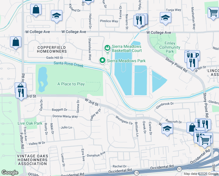 map of restaurants, bars, coffee shops, grocery stores, and more near 237 Arboleda Drive in Santa Rosa