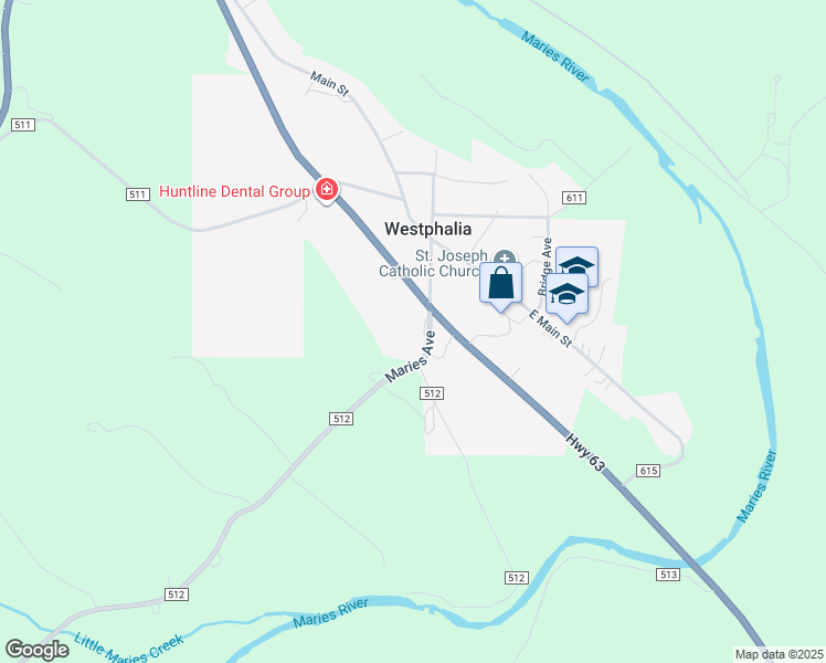 map of restaurants, bars, coffee shops, grocery stores, and more near 450 County Road 512 in Westphalia