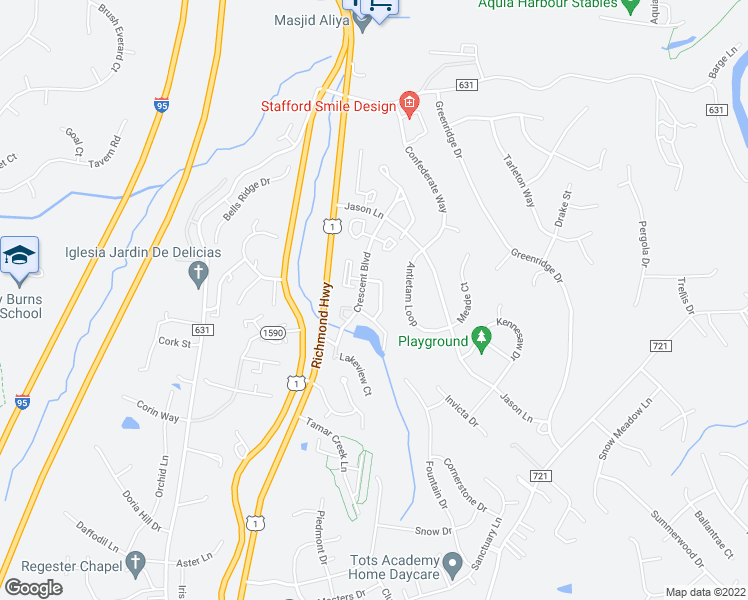 map of restaurants, bars, coffee shops, grocery stores, and more near 203 Gettysburg Court in Stafford