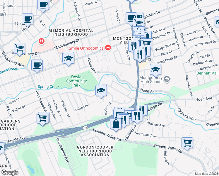 map of restaurants, bars, coffee shops, grocery stores, and more near 2250 Vallejo Street in Santa Rosa