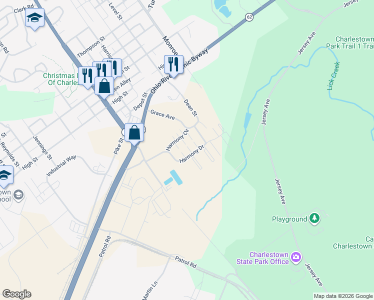map of restaurants, bars, coffee shops, grocery stores, and more near 3320 Harmony Lane in Charlestown