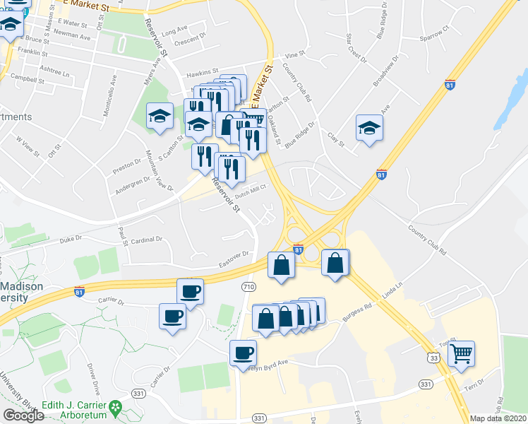 map of restaurants, bars, coffee shops, grocery stores, and more near 10c Holly Court in Harrisonburg