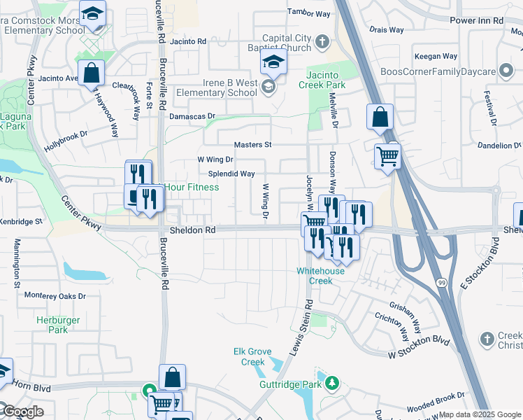 map of restaurants, bars, coffee shops, grocery stores, and more near 8710 West Wing Drive in Elk Grove