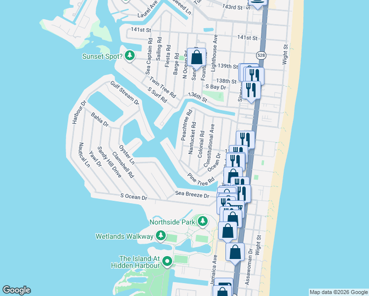 map of restaurants, bars, coffee shops, grocery stores, and more near 13211 Peachtree Road in Ocean City
