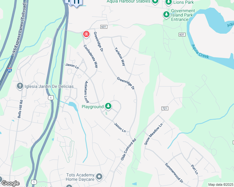 map of restaurants, bars, coffee shops, grocery stores, and more near 6 Pritchard Court in Stafford