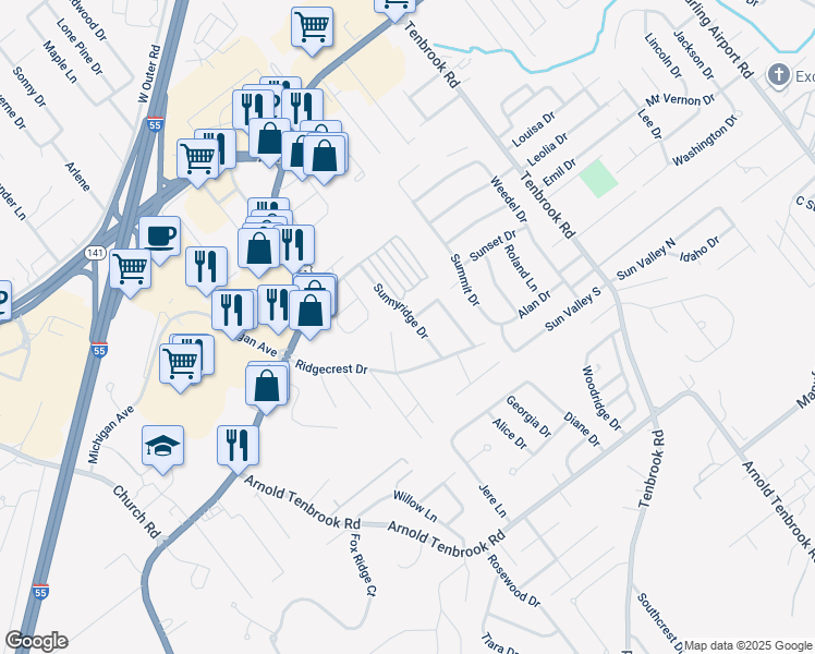 map of restaurants, bars, coffee shops, grocery stores, and more near 2276 Sunnyridge Drive in Arnold