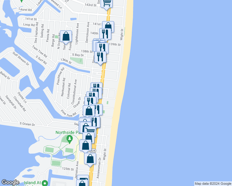 map of restaurants, bars, coffee shops, grocery stores, and more near 13307 Wight Street in Ocean City