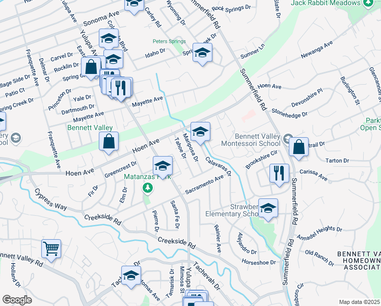 map of restaurants, bars, coffee shops, grocery stores, and more near 1713 Mariposa Drive in Santa Rosa