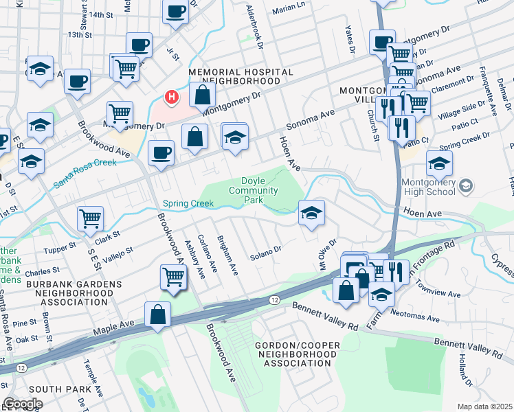 map of restaurants, bars, coffee shops, grocery stores, and more near 530 Green Court in Santa Rosa