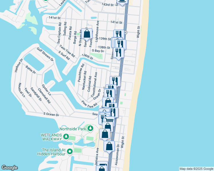 map of restaurants, bars, coffee shops, grocery stores, and more near 13304 Atlantic Boulevard in Ocean City