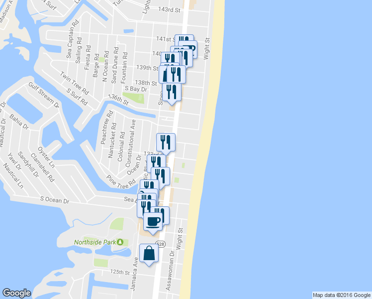 map of restaurants, bars, coffee shops, grocery stores, and more near 13300 Assawoman Drive in Ocean City