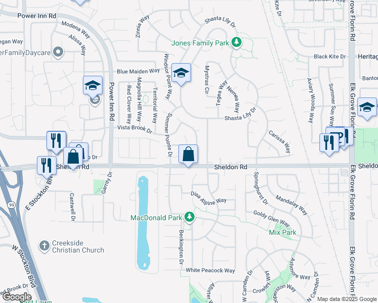 map of restaurants, bars, coffee shops, grocery stores, and more near 8845 Mesa Brook Way in Elk Grove