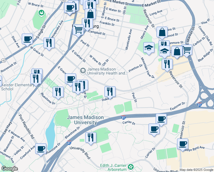 map of restaurants, bars, coffee shops, grocery stores, and more near Cantrell Avenue in Harrisonburg