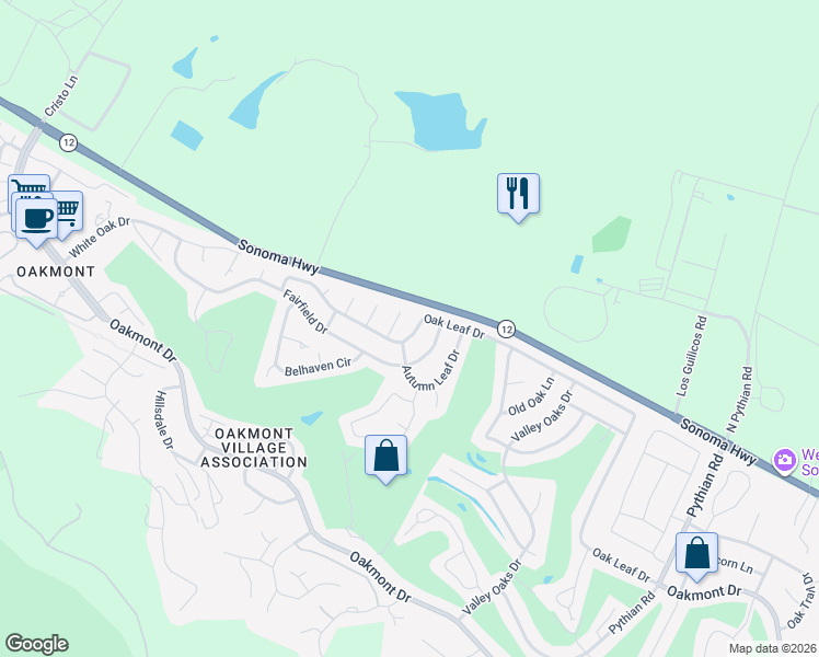 map of restaurants, bars, coffee shops, grocery stores, and more near 7121 Oak Leaf Dr in Santa Rosa