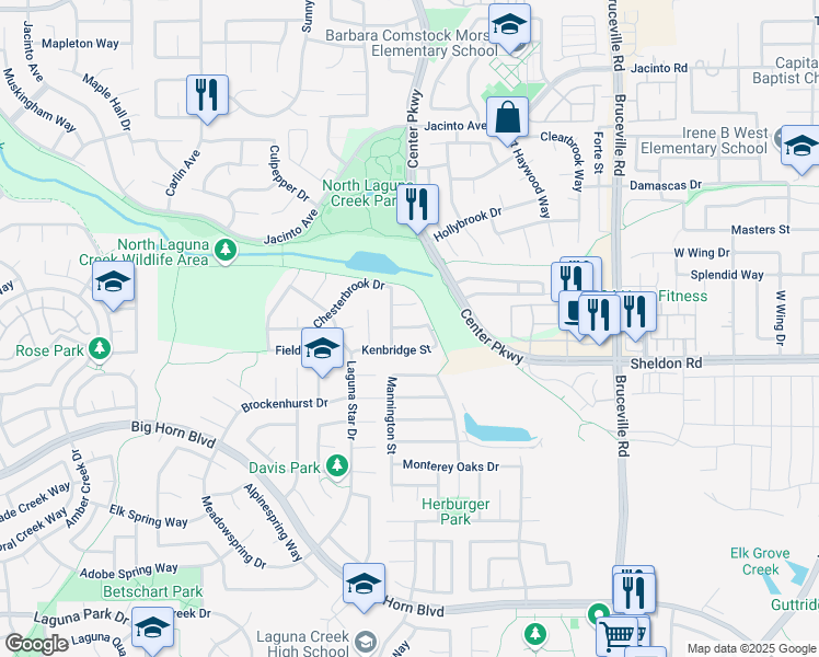 map of restaurants, bars, coffee shops, grocery stores, and more near 6600 Sunset Bluffs Street in Elk Grove