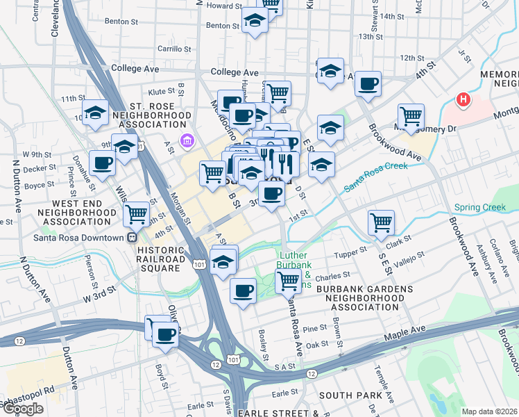 map of restaurants, bars, coffee shops, grocery stores, and more near 521 2nd Street in Santa Rosa