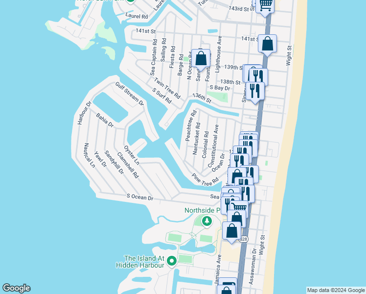 map of restaurants, bars, coffee shops, grocery stores, and more near 13211 Peachtree Road in Ocean City