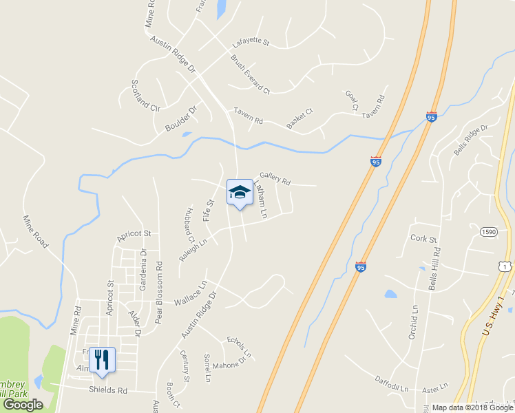 map of restaurants, bars, coffee shops, grocery stores, and more near 5 Latham Ln in Stafford