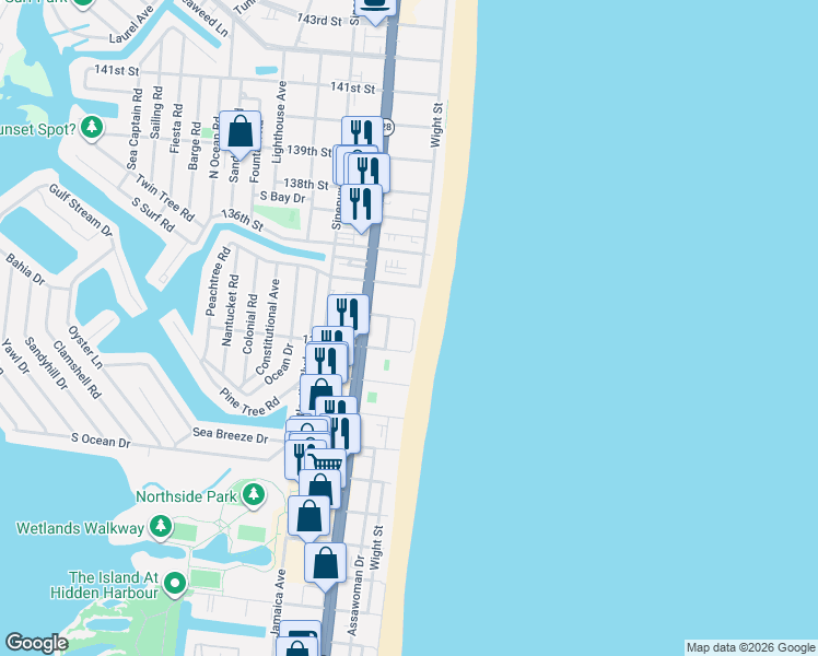map of restaurants, bars, coffee shops, grocery stores, and more near 13305 Wight Street in Ocean City
