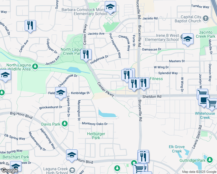 map of restaurants, bars, coffee shops, grocery stores, and more near 8735 Center Parkway in Sacramento