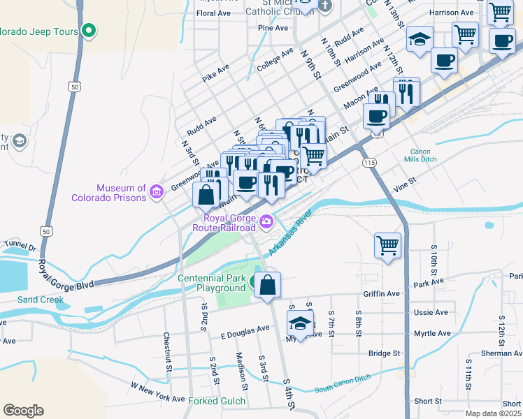 map of restaurants, bars, coffee shops, grocery stores, and more near 331e Royal Gorge Boulevard in Cañon City