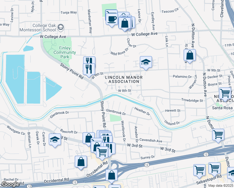 map of restaurants, bars, coffee shops, grocery stores, and more near 148 Stony Point Road in Santa Rosa