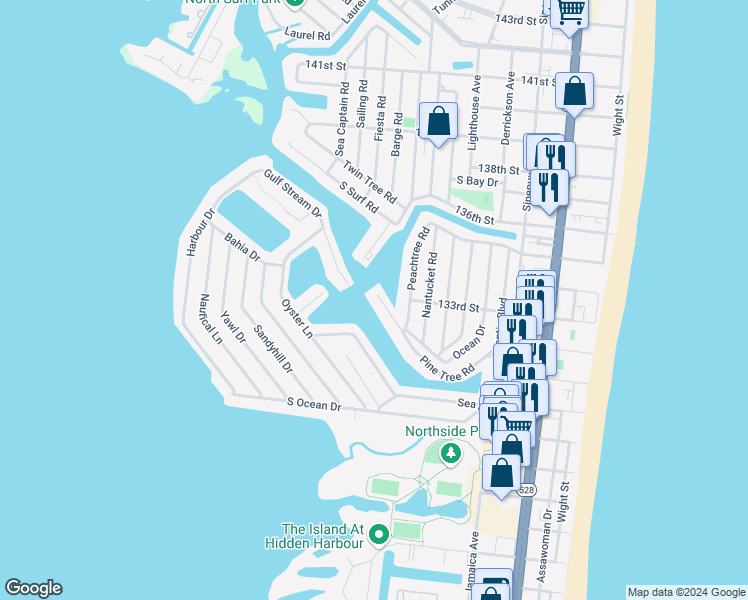 map of restaurants, bars, coffee shops, grocery stores, and more near 195 Pine Tree Road in Ocean City