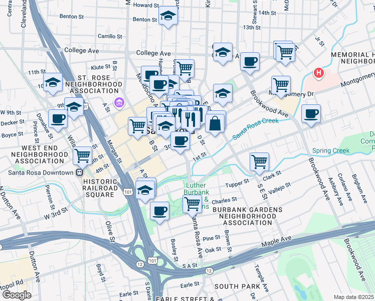 map of restaurants, bars, coffee shops, grocery stores, and more near 631-637 1st Street in Santa Rosa