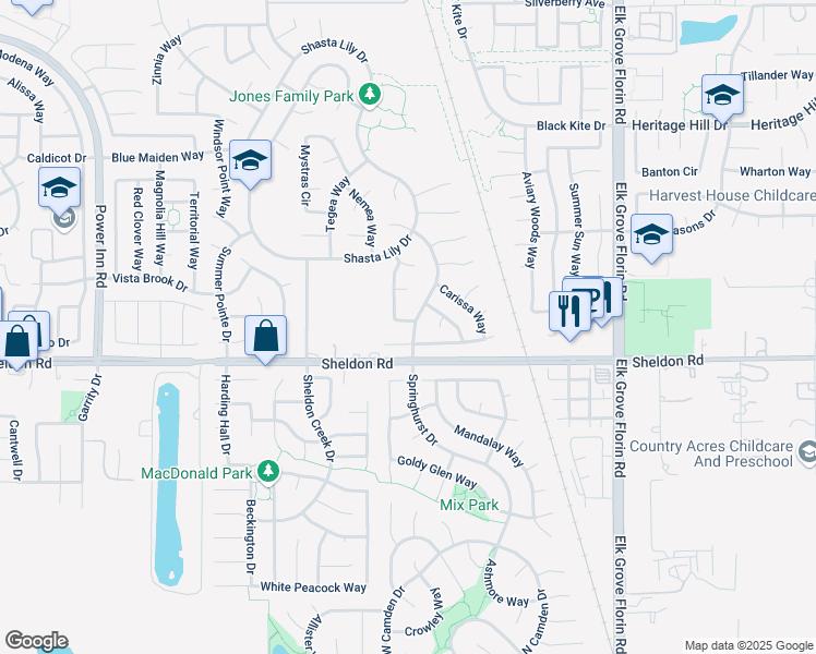 map of restaurants, bars, coffee shops, grocery stores, and more near 8758 Gladiola Way in Elk Grove