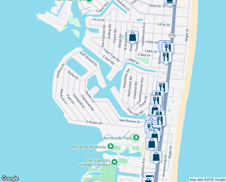 map of restaurants, bars, coffee shops, grocery stores, and more near 195 Pine Tree Road in Ocean City
