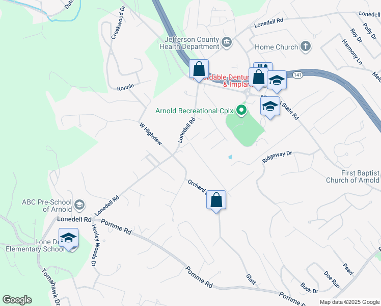 map of restaurants, bars, coffee shops, grocery stores, and more near 1739 Engle in Arnold